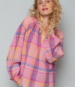 emily van den bergh - bluse - pink multi check - cotton