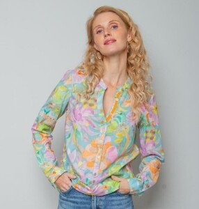 Emily van den bergh - damenbluse - langarm - bleu multi flower